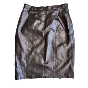 Maxima Vintage Black Leather Pencil Skirt High Waisted Midi Size 14 Vented Hem